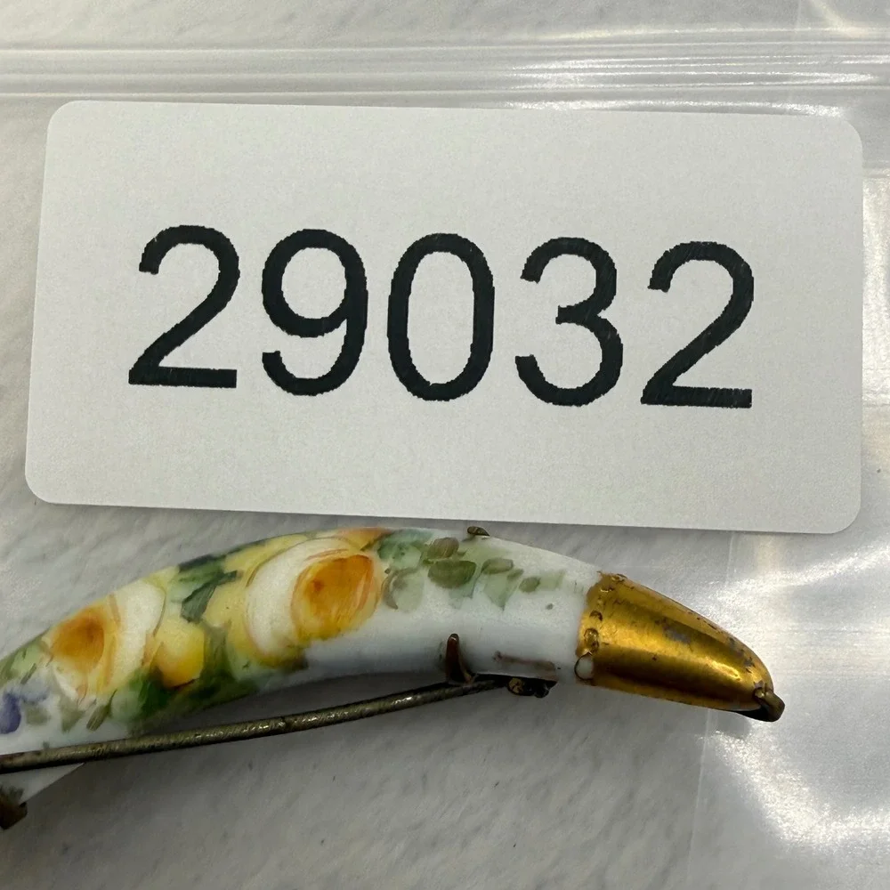 Vintage Victorian Hand Painted Porcelain Brooch Crescent Moon Yellow Rose Floral